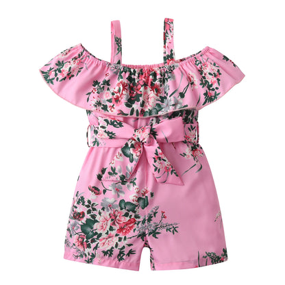 Children Clothing for Girls 1 2 3 4 5Y Kids Girls' Summer New Resort Style Floral Print Ruffled Camisole Jumpsuit with Lace-ups