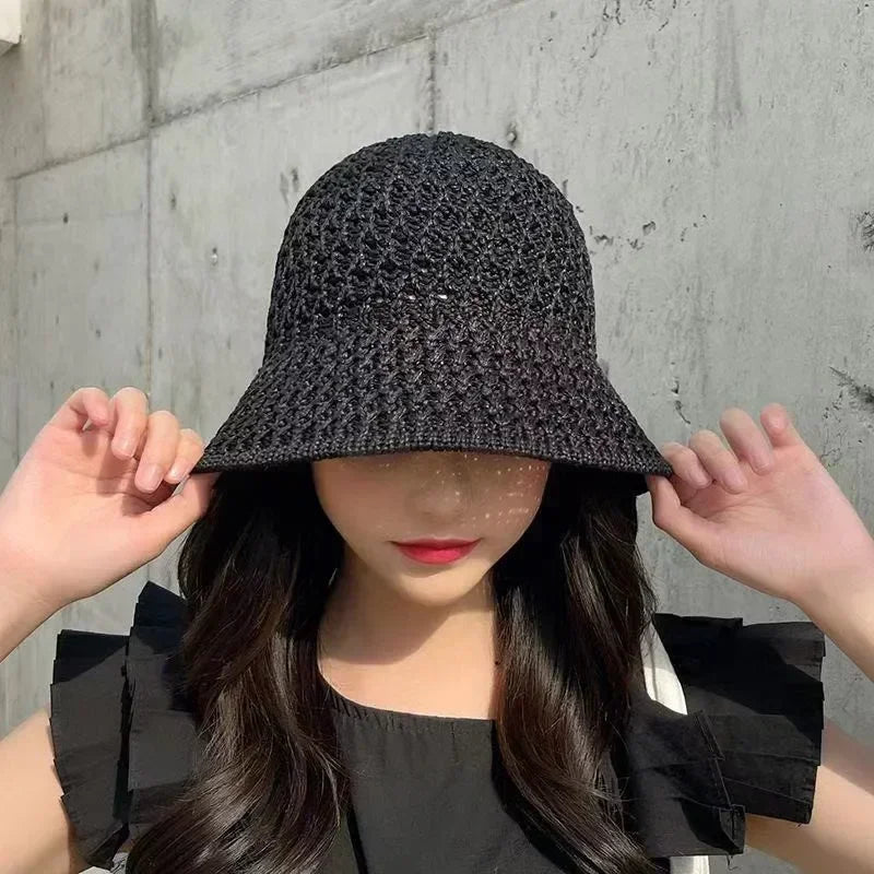 Handmade Crochet Floppy Summer Hats Collapsible Dome Bucket Hat Hollow Out Solid Color Beach Caps Simplicity Soft Women Hat