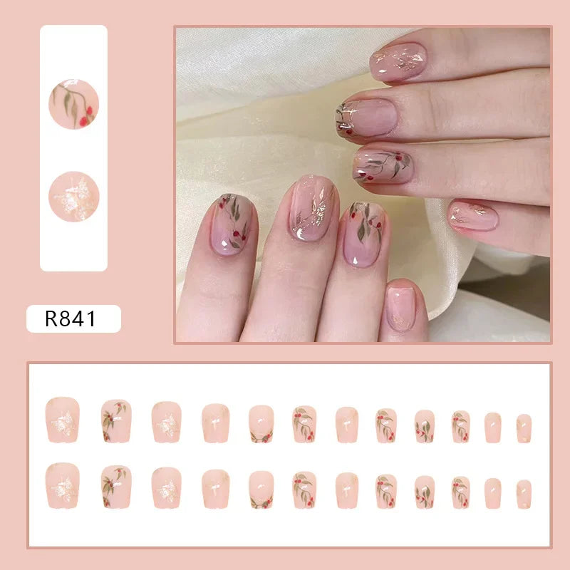 Vintage Camellia Wearable Pink Press on Fake Nails Tips with Glue False Nails Design Butterfly Lovely Girl False Nails