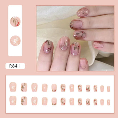 Vintage Camellia Wearable Pink Press on Fake Nails Tips with Glue False Nails Design Butterfly Lovely Girl False Nails