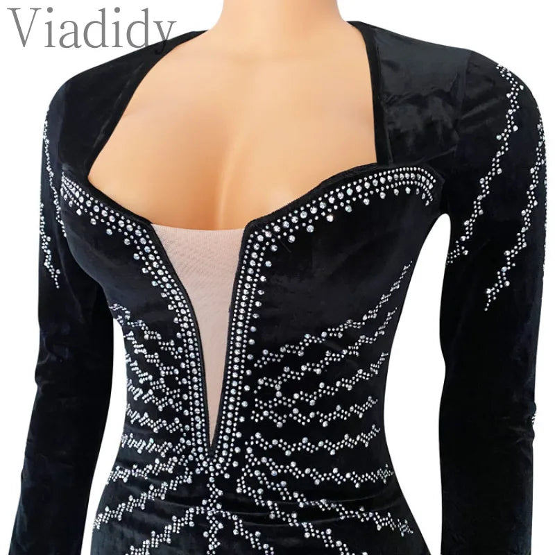 Women Sexy Velvet Mesh Rhinestone V-Neck Floor-Length