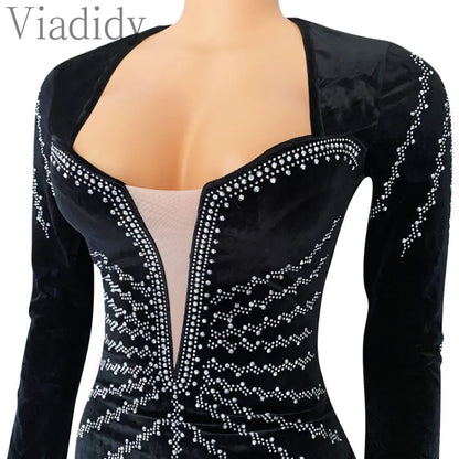 Women Sexy Velvet Mesh Rhinestone V-Neck Floor-Length