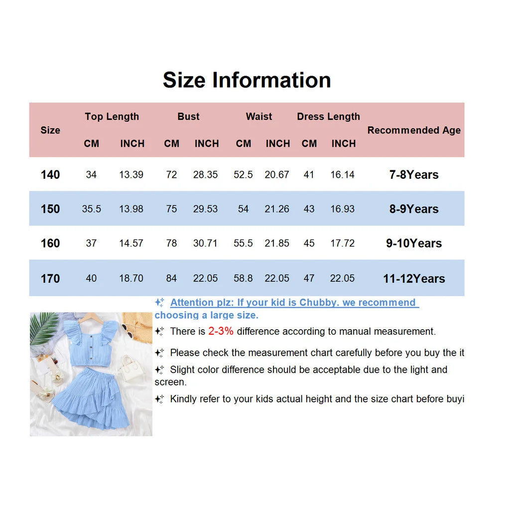 Kid Girls Summer Princess Clothing Set Flutter Sleeve Plain Color Tops+Short Skirt Sweet Style Party Wear For Child 8-12 Years