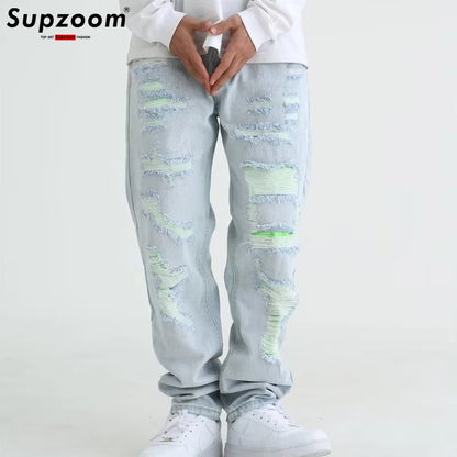 Supzoom New Arrival Top Fashion Autumn Washed Light White Personalized Hole Patch Cloth Casual Denim Solid Hollow Out Jeans