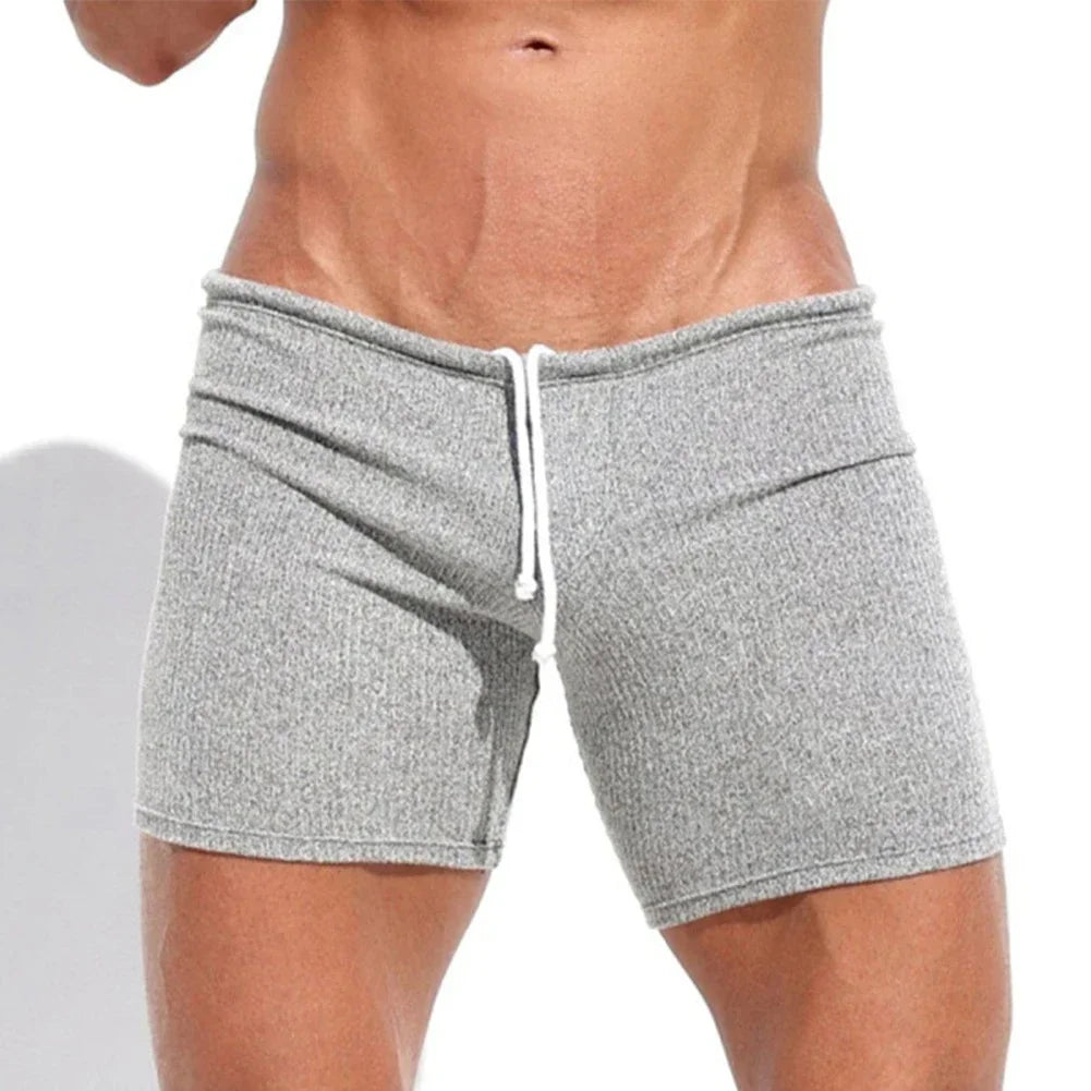 Mens Sexy Drawstring Ribbed Sleepwear Shorts Outdoor Sports Jogging Gym Sportswear Short Pants Holiday Casual Slim Male Shorts