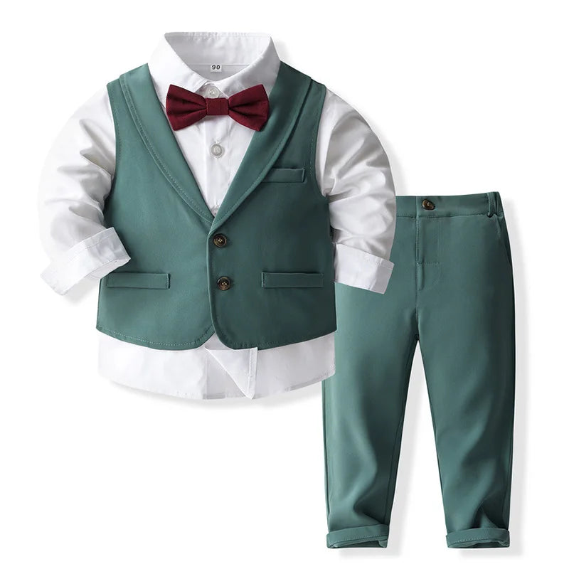 Baby Boy Formal Suit Gentleman Clothes Sets Autumn Children Birthday Wedding Party Dress Suit Sets Bowtie Shirt+Vest+Trouser Set