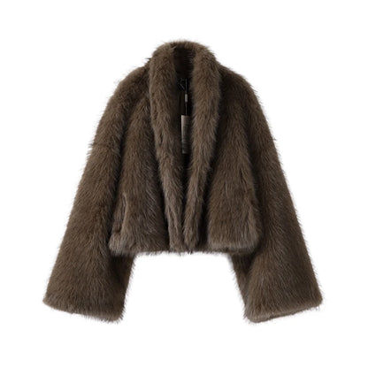 Faux Fur Short Coats Women Luxury Gardient Large Cuffs Button Solid Coat Female Winter Thick Warm Retro Chic High Street Outwear