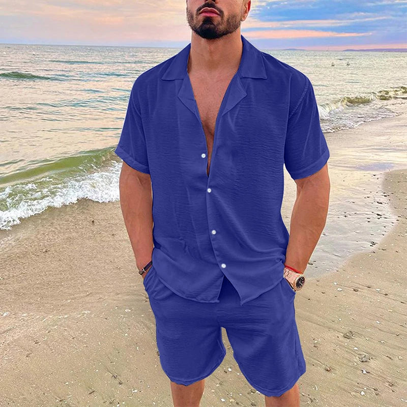 Men's Summer Casual Loose Two Piece Sets Beach Solid Cotton Linen Man Suit Short Sleeve Button Shirt And Shorts Office Outfits