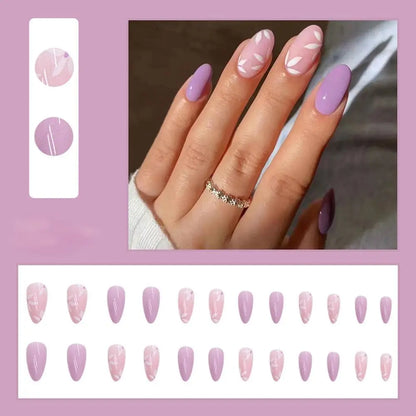 24pcs/Box Ballerina Nail Tip Purple with Design Manicure Patches Fresh Floral Almond False Nails Press on Med Nails Detachable