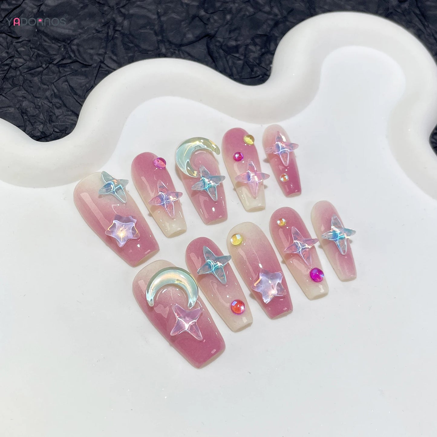 Blush Pink Fake Nails Summer Handmade Press on Nails Medium Length Charms Manicure Moon Star Designs Sweet False Nails Tips