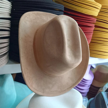 Western suede leather 7.5CM Western denim women's Fedora hat men's church jazz hat fashion travel party hat denim hat 2024