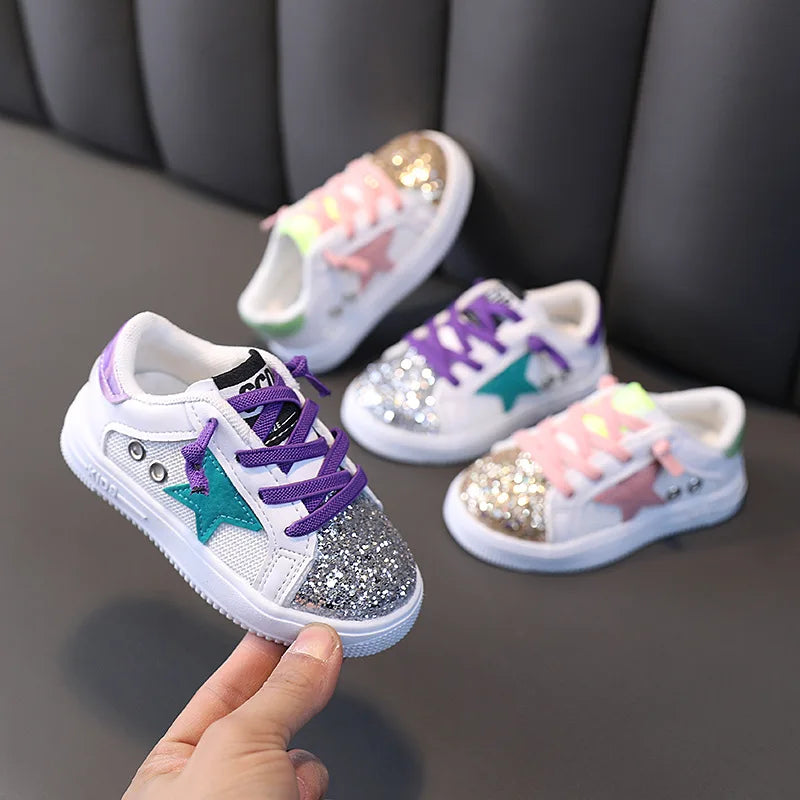 Kids Sneakers 2024 Spring Girls Fashion Glittering and Antiskid Children Chunky Sneakers Baby Shoes Casual Sport Running Sneaker