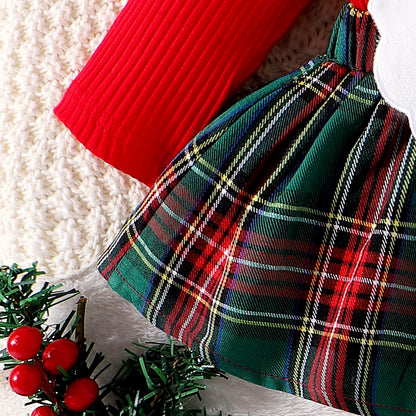 Autumn And Winter 0-1 Year Old Girl Baby Comfortable Santa Claus Long-Sleeved Red Spliced Green Plaid Skirt