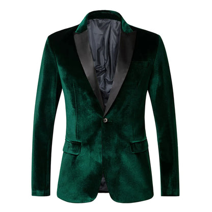 Spring Velvet Men Blazer Solid Color Temperament Suit Jacket Turndown Collar Long Sleeve Slim Fit Single Button Velvet Suit Coat