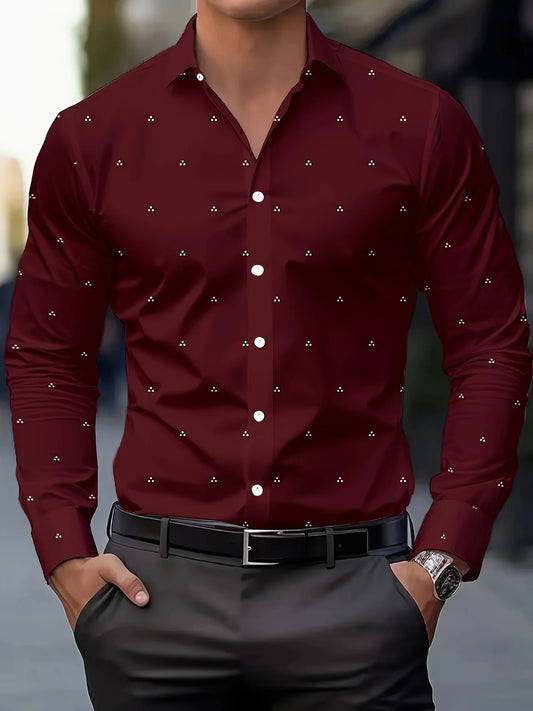 Men's Fashion Polka Dot Digital Print Shirts, Casual Breathable Lapel Button Long Sleeve Shirt Men's Clothing Men's Formal shirt