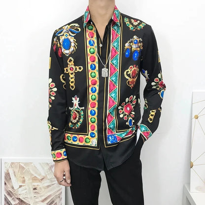 Trendy Baroque Long Sleeve Shirt Fashion New Retro Pattern Men's Loose Print Spring Summer Casual Shirt Comfortable and breathab