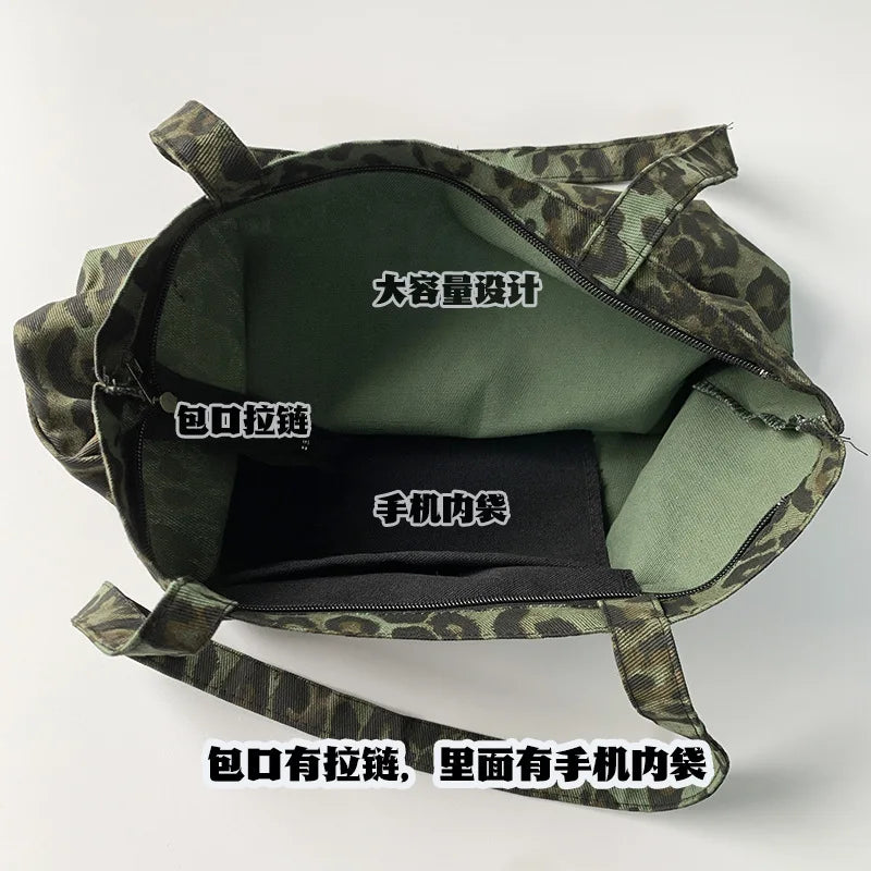 Large Women's Shopping Bag 2024 Summer Ladies Canvas Shoulder Tote Bags Aesthetic Green Leopard Fashion Ecobag Cloth Handbags