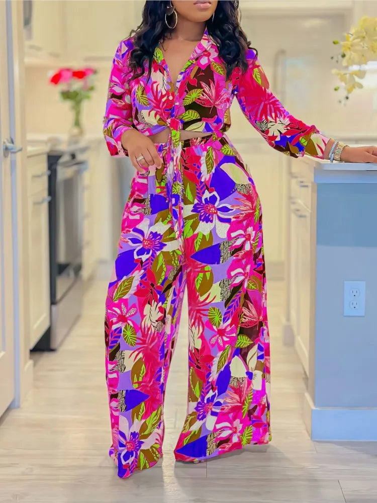 New Long Sleeved Printed Suit For Women Fashion Lapel Single Breasted Shirt Wide Leg Trousers Two Piece Set