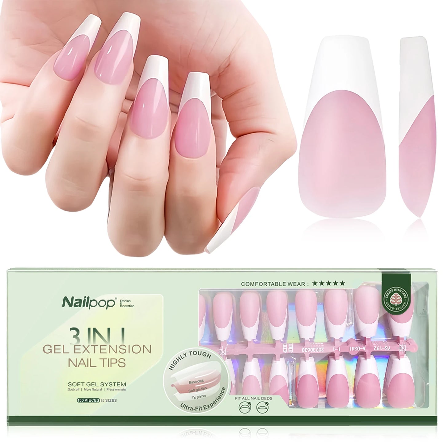 NAILPOP 150PCS Short Coffin Press on Nails 3 in 1 Coat Soft Gel Nail Tips French Tip Press on Nails 15 Sizes of Nail Art DIY