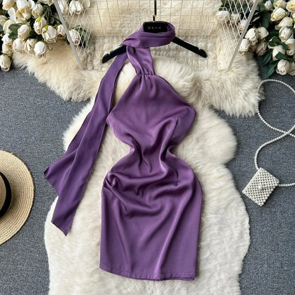 Chic Satin Ribbon Sleeveless Backless Slip Dress Slim High Waist Halter Hip Wrap Mini Dress