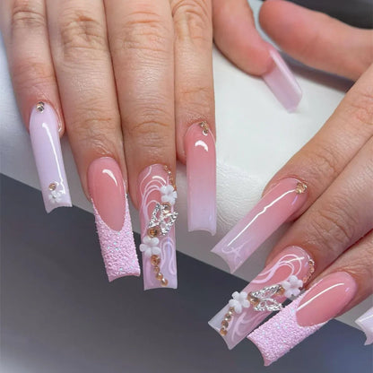 24Pcs Simple Blue French Fake Nails with Diamond Love Pattern Design False Nails Press on Mid-length Ballet Full Cover Nail Tips