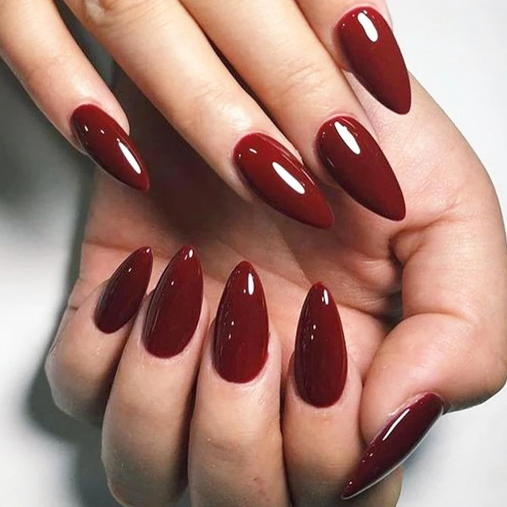 24pcs press on nails short almond red press on nails Solid color sweet french tip press on nails cute nail