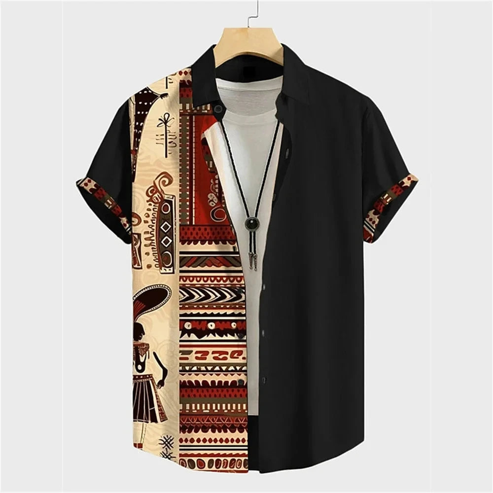 Autumn Ethnic Style Graphic 3D Print Holiday Button Men Clothing Luxury Men's Shirt Casual Short Sleeve Retro Shirt Man Top