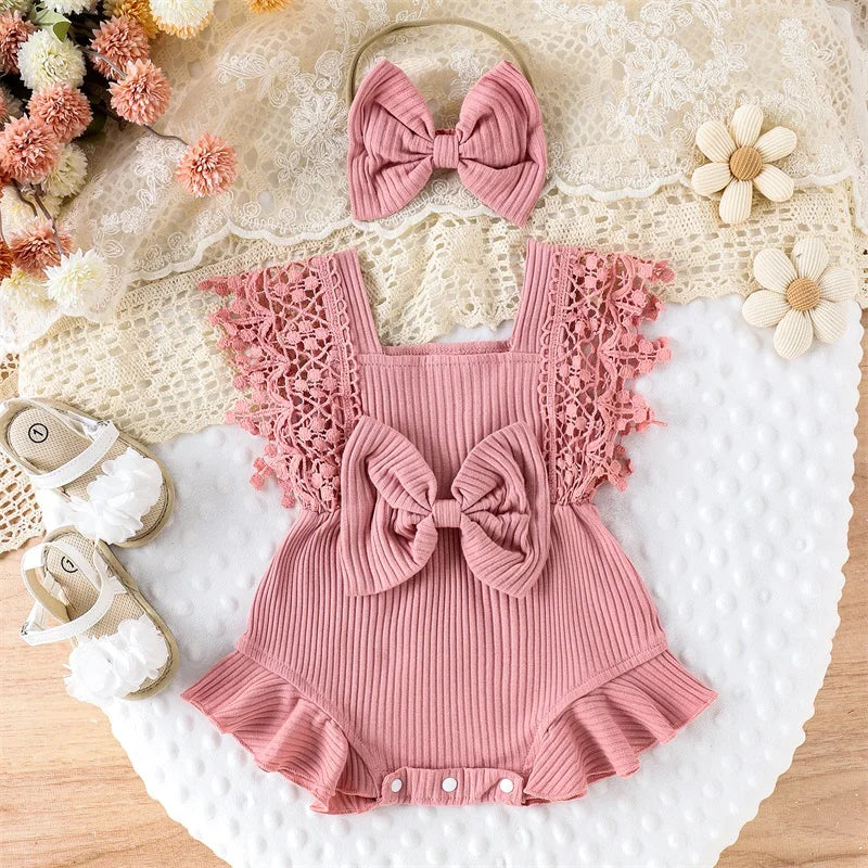 Tregren 0-18M Infant Baby Girls Summer Rompers Cute Lace Sleeve Round Neck Ruffle Bodysuits with Headband Casual Newborn Clothes