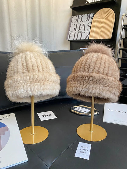 New Women Winter Natural Mink Fur Hats Knitted Real Mink Fox Fur Ball Caps Female Russian Warm Beanies Hat Fur Hat