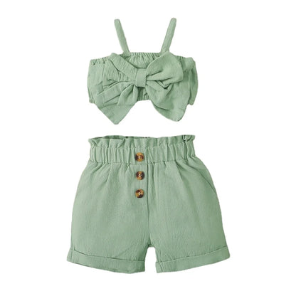 2PCS Baby Girl Clothing Set Infant Big Bow Sleeveless Suspender Top+Shorts Summer Fashion Outfit for Toddler Girl 3-24 Months