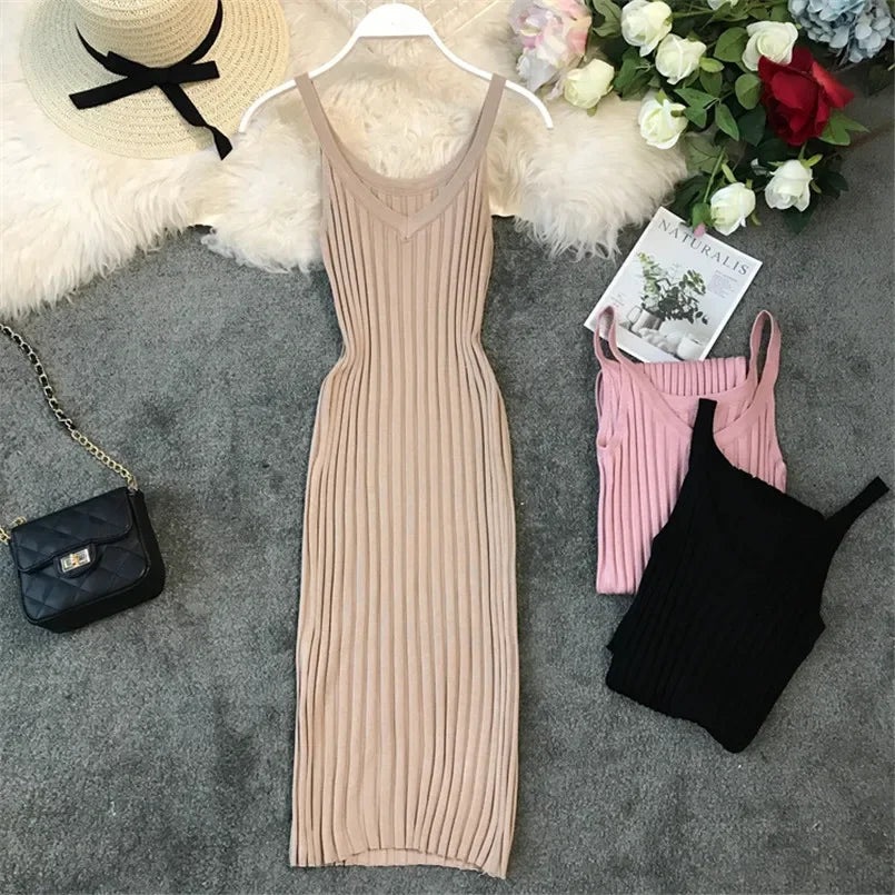 New V Neck Slim Summer Sexy Knit Midi Dress Spaghetti Strap Vestido De Festa Women Casual Party Bodycon Knee-Length Vestidos