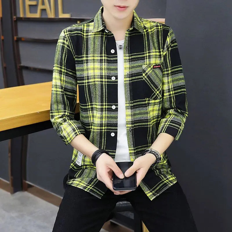 Spring Autumn New Fashion Turn-down Collar Long Sleeve Plaid Blouse Men's Clothing Casual All-match Korean Button Trend Shirts