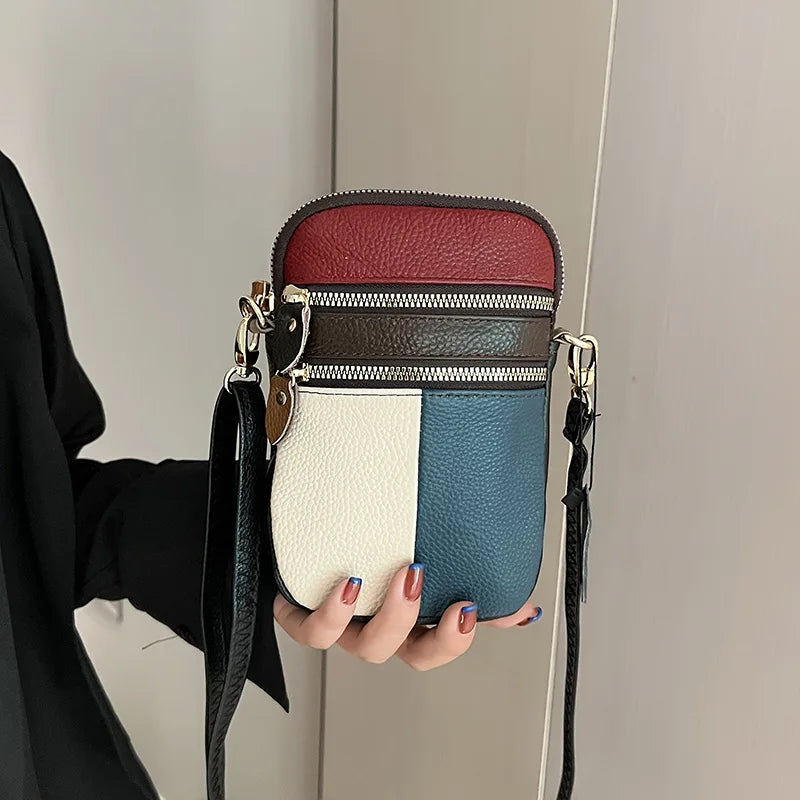 New Fashion Soft Leather Women Shoulder Bag Multi Zipper Soft Cowhide Girls Small Mobile Phone Bag Color Stitching Color Random