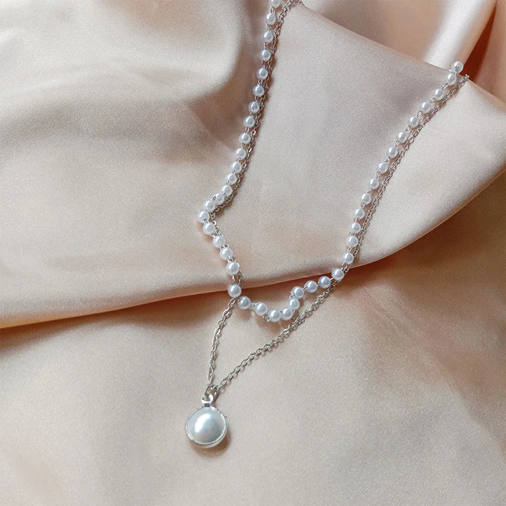 New Fashion Kpop Pearl Choker Necklace Double Layer Chain Pendant