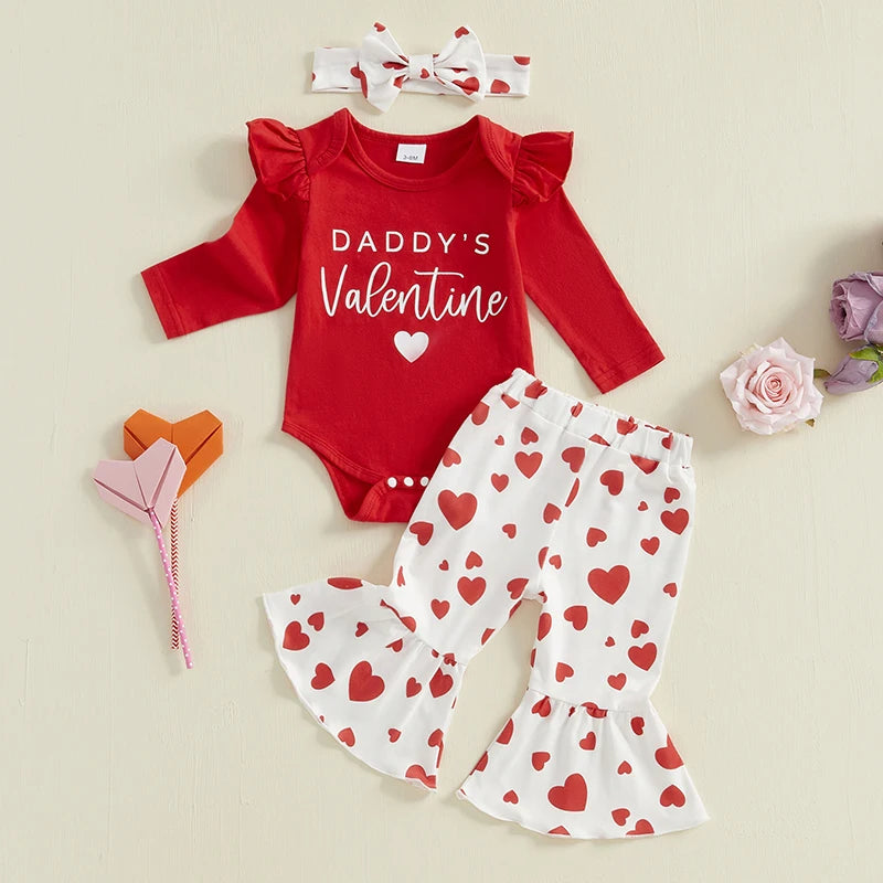 Baby Girl Valentines Day Outfit Letter Print Romper Love Heart Flare Pants Headband First Valentines Day Outfit