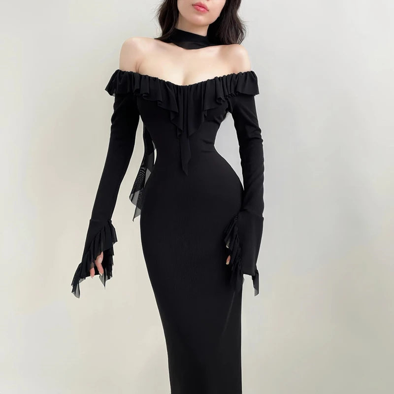 Mesh Ruffles Evening Dress Round Collar Slim Long Sleeve