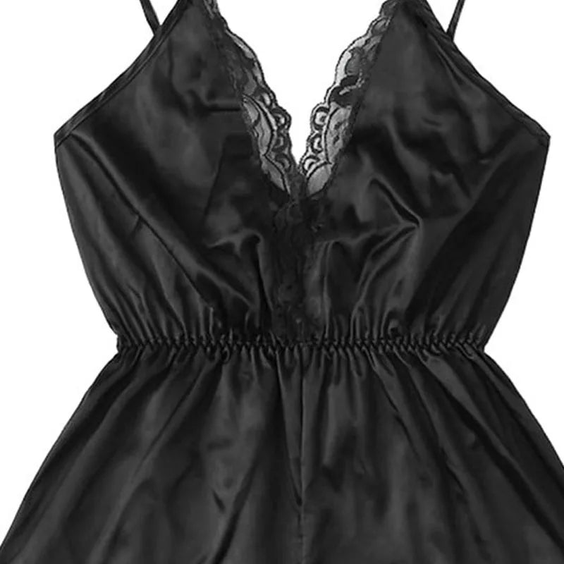 Sexy Lace Halter Oil Shiny Cloth Black Jumpsuit Fashionable and Comfortable Lace Lace Pyjamas Erotic Lingerie