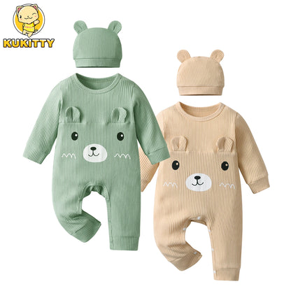 Newborn infant Baby Boy Romper Little Bear Pattern Long Sleeve Romper Jumpsuit and Hat Clothes Cute Outfit for Boys