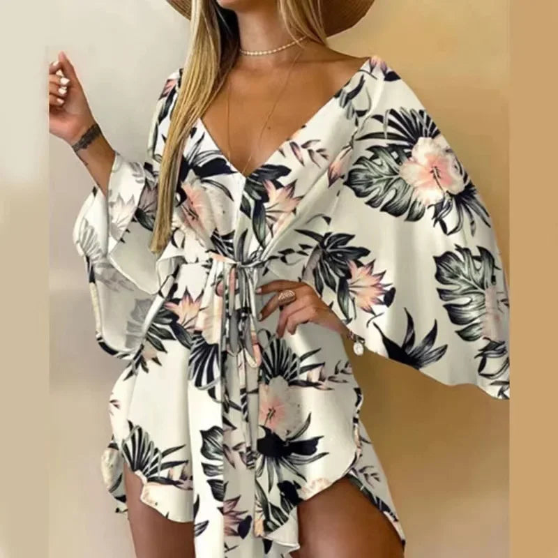 New Summer Beach Elegant Women Dresses Sexy V Neck Lace-up Floral Print Mini