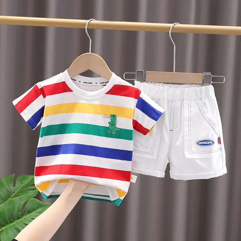 Summer Cute Cartoon Dinosaur Fashion Children O-neck T-shirt+Shorts+Bag Toddler Baby Boys
