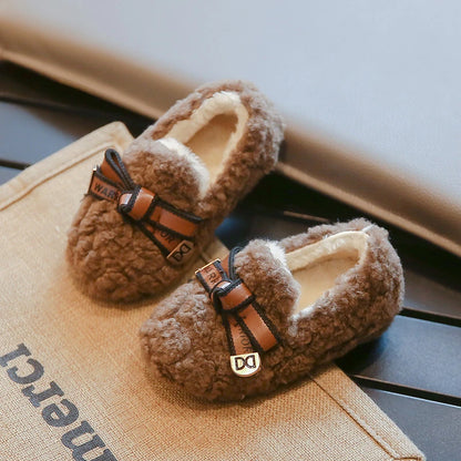 Children Winter Loafers Bowtie Fleece Leisure Slip-on Kids Flat Shoes Warm Round Toe Fashion Three Colors Girl's Shoe 21-36