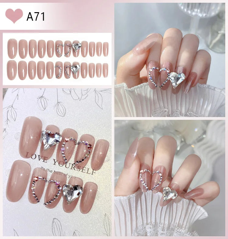 24pcs Full Rhinestones Bridal Press-on Nail Long Lasting Full Coverage Pearl Shiny Artificial Fake Nail For Manicure Decoration