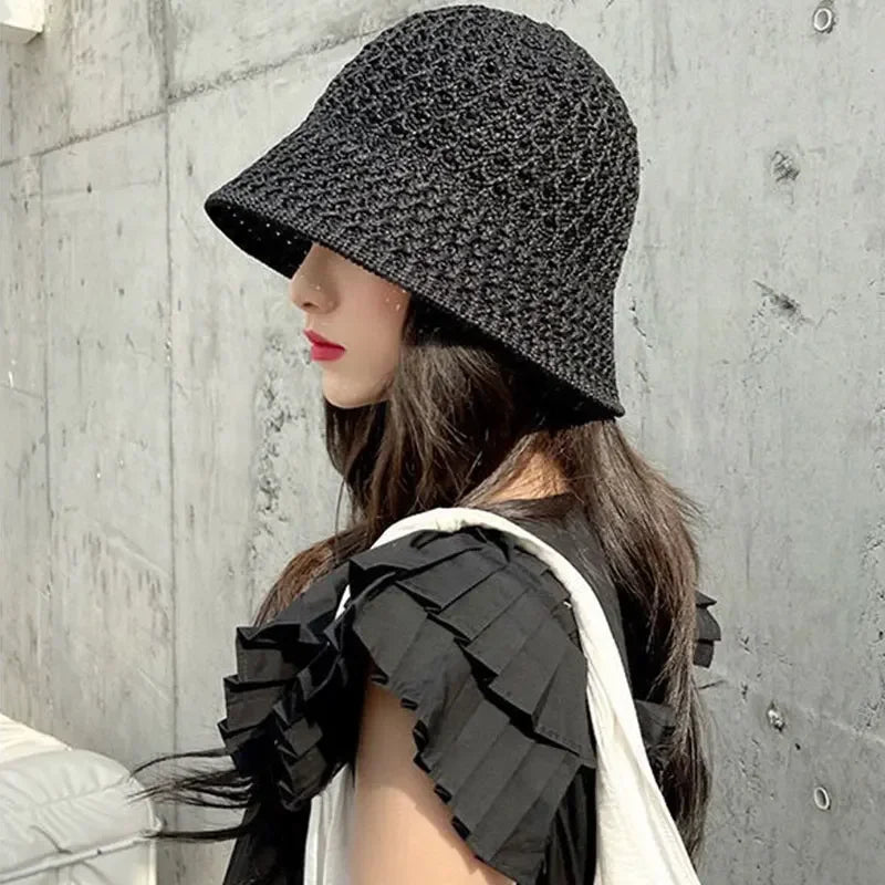 Handmade Crochet Floppy Summer Hats Collapsible Dome Bucket Hat Hollow Out Solid Color Beach Caps Simplicity Soft Women Hat