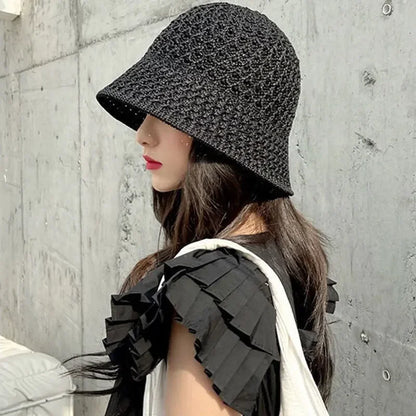 Handmade Crochet Floppy Summer Hats Collapsible Dome Bucket Hat Hollow Out Solid Color Beach Caps Simplicity Soft Women Hat