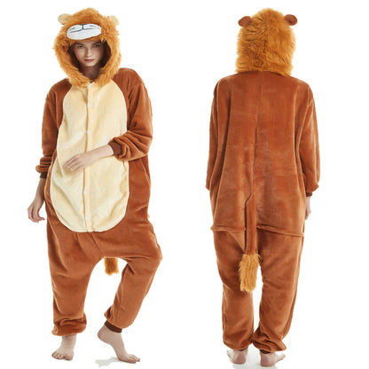 Kigurumi Adult Animal Costume Lion Onesie Plus Size Anime Brown Plush Pajamas Halloween Party Men Women Sleep Jumpsuits Pyjamas