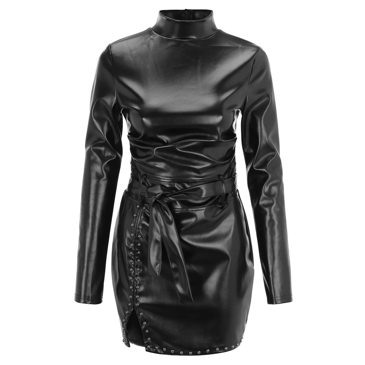 Black PU Leather Dress for Women Sexy Lace Up Long Sleeve Bodycon Party Dress Winter Spring Elegant Lady Rivet Mini Dresses