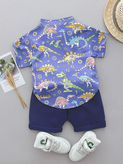 2PCS baby and toddler summer full print cartoon machine dinosaur pattern standing collar shirt short sleeved shorts set