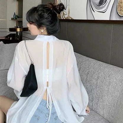 Women Elegant Chic Loose Lace Up Blouses Korean Fashion