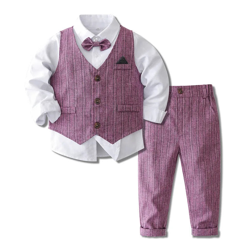 Baby Boy Formal Suit Gentleman Clothes Sets Autumn Children Birthday Wedding Party Dress Suit Sets Bowtie Shirt+Vest+Trouser Set