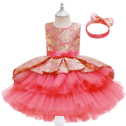 Baby Girl Dress Fashion Jacquard Princess Dress Flower Cake Skirt Elegant Trailing Dress Girl Birthday Party Dress Girl Dress